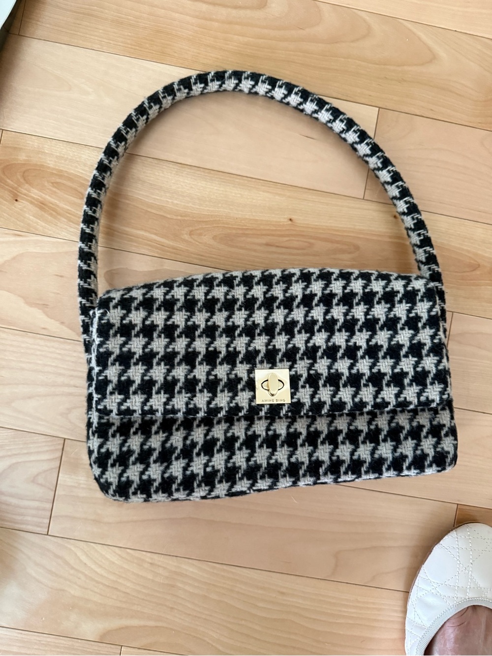 Anine Bing Black & Cream Houndstooth Shoulder Bag